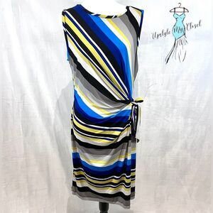 Kasper blue yellow and gray ruched tie side dress size large
